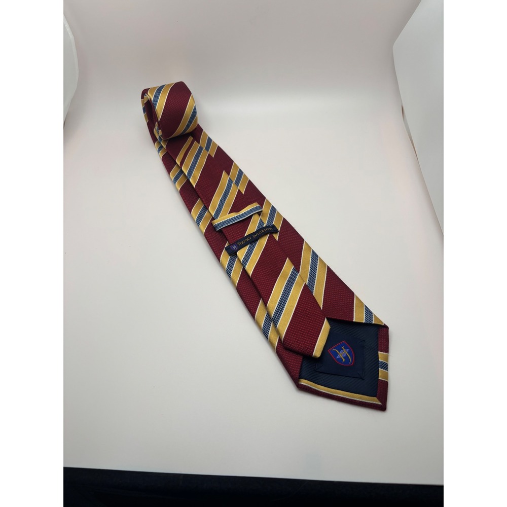 Henry Jacobson Mens Silk Tie Burgundy Gold Blue Striped Regimental Hand Made - Picture 7 of 8